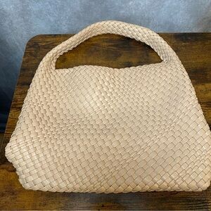 Basket‎ Weave Cream Beige Tote Bag Faux Leather Shoulder Hobo Bag Purse EUC